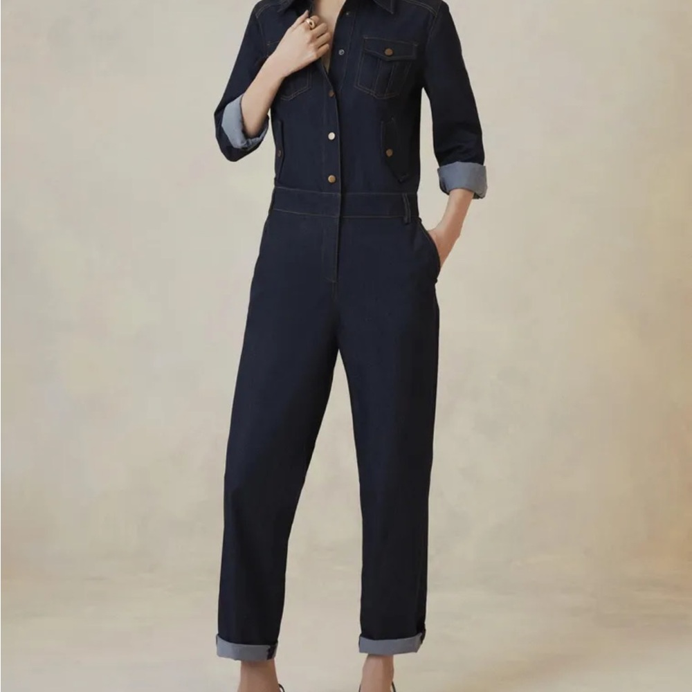Karen Millen the Founder Denim Tailored Pantsuit Size 8 missing button